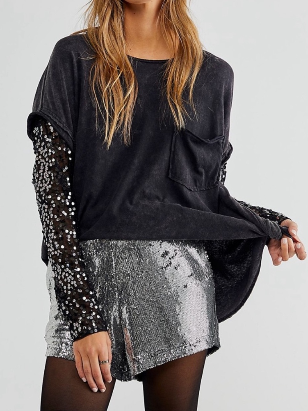 Free People Celine Tee Sequined Embellished Sleeve Oversized Twofer Top Sz Large - Picture 2 of 8